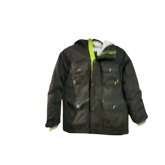 Lands End Kids Fleece-Lined Winter Jacket With Hood Size 10-12 Green & White